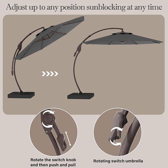 Cantilever Umbrella with Heavy-Duty Base, Outdoor Large Round Aluminum Offset Umbrella for Patio Garden Backyard, UV-Resistant Waterproof Canopy, 360° Rotation & Tilt Adjustment