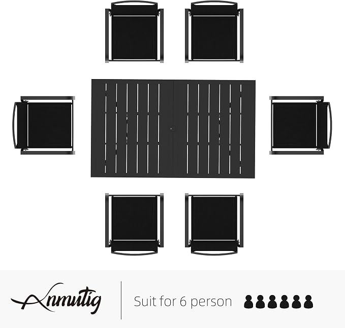 63"x38" Rectangle Outdoor Patio Dining Table with Umbrella Hole - 6 Person | 63" x 38" x 28" Rectangle Table, Slat Table Top, Black, Metal Top and Frame, 1.57"-1.9" Adjustable Umbrella Hole, All Weather