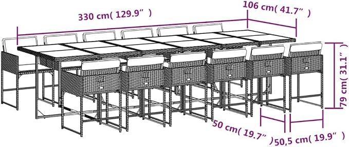 13 pcs Set Patio Dining Set & Garden Dining Set Black Poly Rattan Outdoor Dining Set Balcony Furniture for Lawn Backyard Front Porch 129.9 x 41.7 x 28.7 in