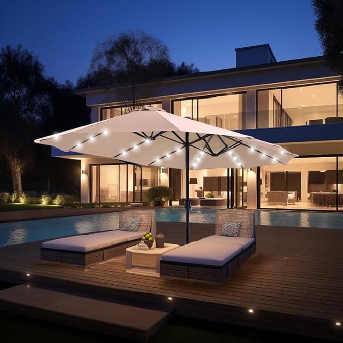 GREEN PARTY 15 ft Large Outdoor Patio Umbrella with Solar Led Lights & Base Included, Double-Sided Rectangular Table Umbrella with Stand, Market Umbrellas for Deck Poolside Garden Backyard, Beige