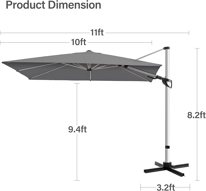 LAUSAINT HOME Patio Umbrella Outdoor, 10 Feet Cantilever Umbrella Aluminum Offset Umbrella with 360-degree Rotation for Backyard, Pool, Lawn, Deck (Square, Gray)