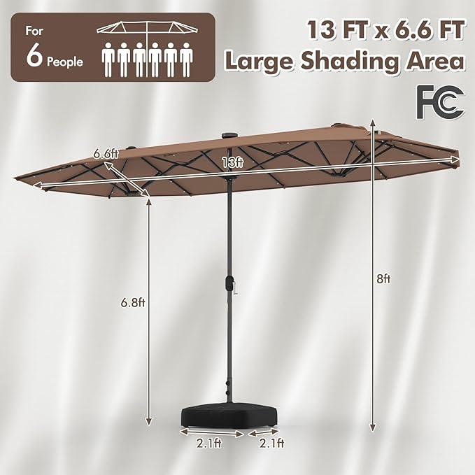 HAPPYGRILL Double-Sided Patio Umbrella with Solar Lights, 13FT Large Umbrella with Base Included, Crank Handle, Market Twin Table Umbrella for Outdoor Backyard Garden Poolside