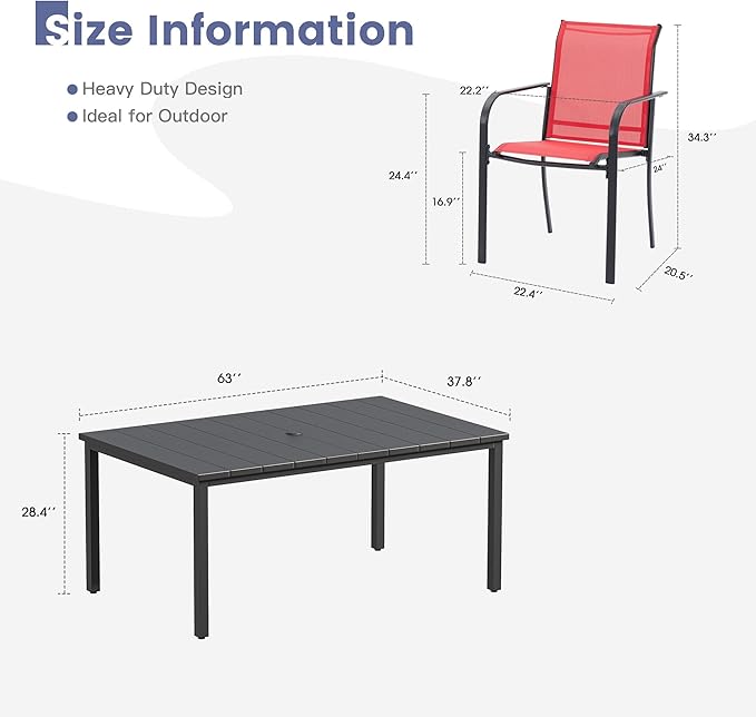VICLLAX Patio Table and Chairs Set for 6, Patio Furniture Set of 6 Patio Stackable Dining Chairs and Outdoor Metal Table with Umbrella Hole for Backyard Lawn Garden, Red Chairs and Black Table