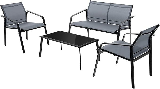 Tangkula 4 Pieces Patio Furniture Set, Outdoor Conversation Set with Tempered Glass Coffee Table, Outdoor Bistro Set with Fabric and Anti-Rust Steel Frame for Garden, Poolside and Backyard (Gray)