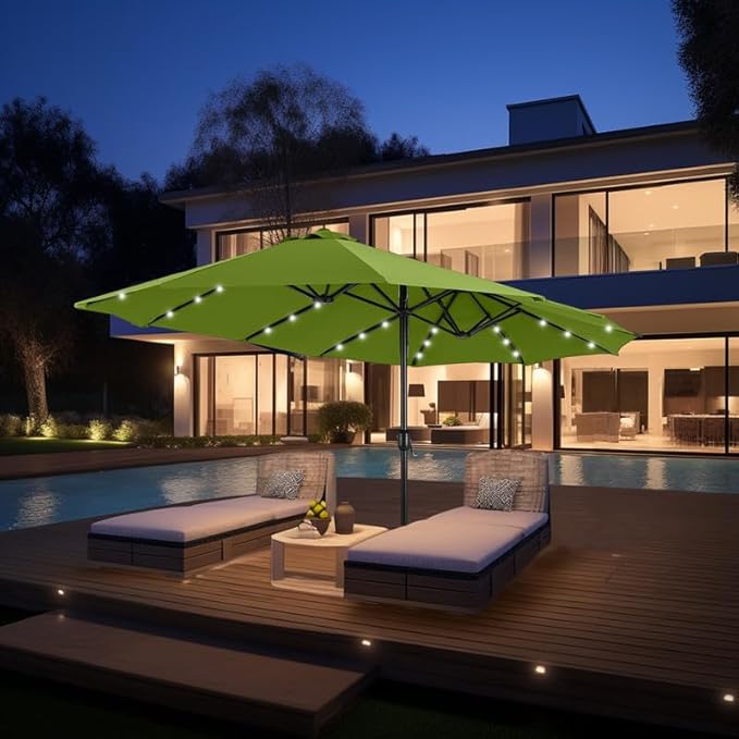 GREEN PARTY 15 ft Large Outdoor Patio Umbrella with Solar Led Lights & Base Included, Double-Sided Rectangular Table Umbrella with Stand, Market Umbrellas for Deck Poolside Garden Backyard, Lime Green