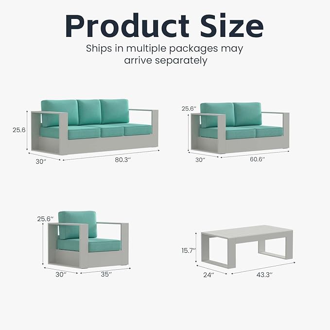 5 Pieces Patio Furniture Set with Coffee Table, Metal Modern Conversation Set with Deep Seating and Widened Aluminum Frame for Deck, Porch, Garden