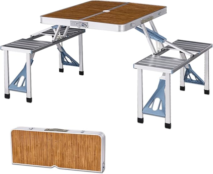 Panda Eye Folding Picnic Table with Seats Chairs and Umbrella Hole, Portable 4-Person Fold Up Travel Picnic Table for Indoor Outdoor Travel, Camping,BBQ,Party,Bamboo+ Aluminum Alloy (Silver)