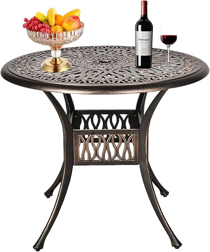 Grepatio 35.4" Round Patio Bistro Table Outdoor Dining Table Cast Aluminum with Umbrella Hole Conversation Table, Antique Bronze (35.4" Round Table)