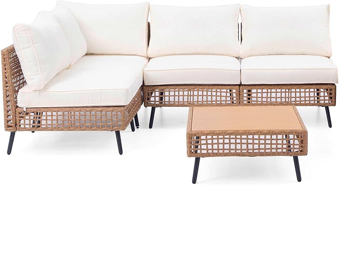 LAUSAINT HOME Outdoor 5 Pieces PE Wicker Patio Conversation Set, All-Weather Rattan Sectional Sofa with Thick Cushions & Coffee Table for Garden, Yard and Balcony (Beige)