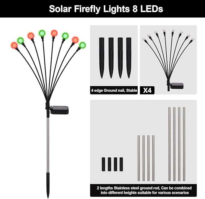 Solar Firefly Lights Outdoor Waterproof; 8 Modes Red and Green Firefly Swaying Solar Garden Lights Stakes for Outside Christmas Holiday Yard Patio Plant Garden Decor 4 Pack(Red & Green)