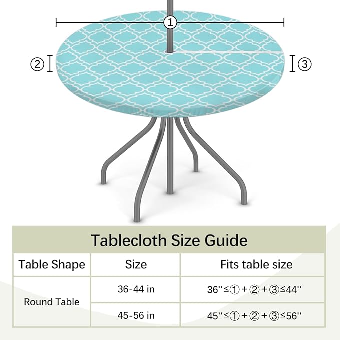 Fitted Round Tablecloth with Umbrella Hole and Zipper Aqua Blue Moroccan Outdoor Elastic Table Cloth 45"-56" Oil-Proof Waterproof Patio Table Cover for Dining Picnic Party
