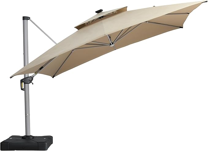 PURPLE LEAF 10' X 13' Solar Powered LED Patio Large Umbrella Offset Double Top Hanging Umbrella Outdoor Market Umbrella for Garden, Spectrum Sand