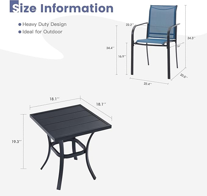 VICLLAX Outdoor Set for 2, Small Patio Table and Chairs Set of Stackable Patio Sling Chairs and Square Dining Table for Front Porch, Blue Fabric and Black Table