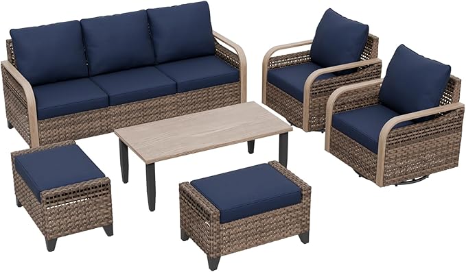 COOS BAY Modern Wicker Outdoor Furniture Set, 6 Piece Patio Conversation Set with 2 Swivel Rockers, a 3 Seat Couch, 2 Ottomans and Coffee Table, 6 Piece, Brown/Blue