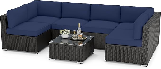 SOLAURA 7 Pieces Outdoor Patio Furniture Set, Black Brown Rattan Outdoor Patio Sectional Conversation Set, Modular Sofa Set with Coffee Table, Navy Blue