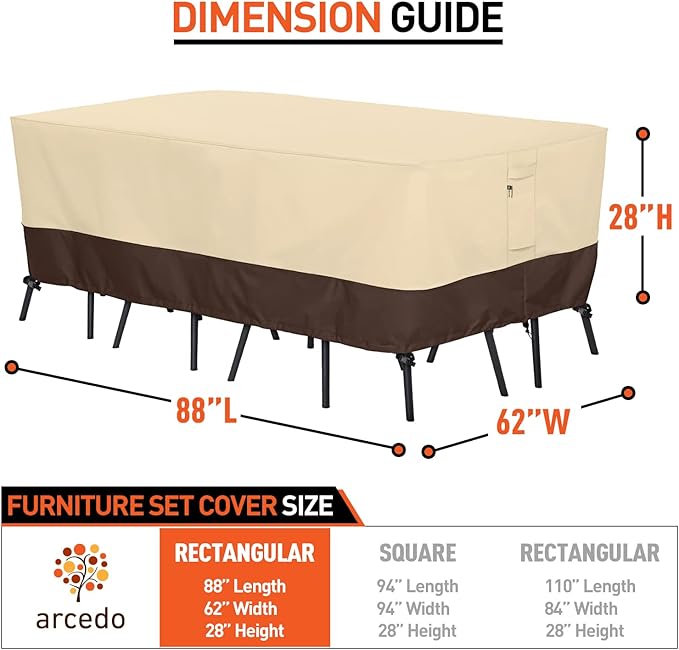 Arcedo Waterproof Patio Furniture Set Cover, Rectangular Dining Table and Chairs Cover, Heavy Duty Outdoor Furniture Cover for Sectional Conversation Set, 88'' x 62'' x 28''H, Beige & Brown