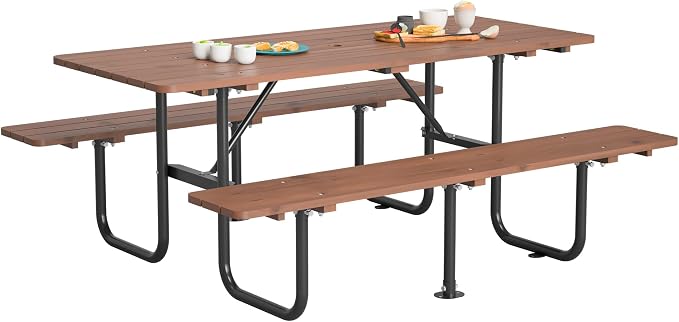 72" 6-Person Wooden Picnic Table, Outdoor Dining Table with Built-in Benches, Metal Leg, Weatherproof Wood Desktop, Heavy Duty with Umbrella Hole for Backyard (Brown+black, 72" Rectangle(6-Person))