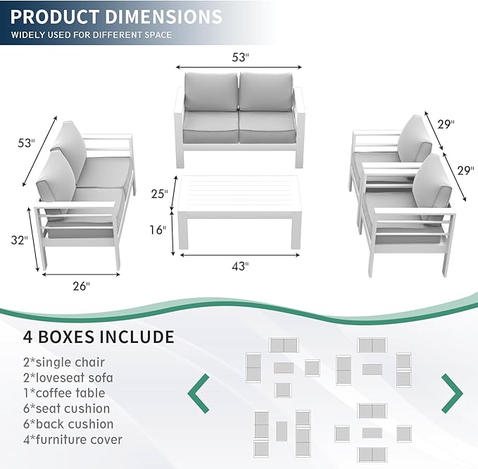 Amopatio Aluminum Patio Furniture Set, 7 Pieces Modern Patio Conversation Sets, Outdoor Sectional Metal Sofa with Coffee Table for Balcony, Garden, Dark Grey (Included Waterproof Covers)