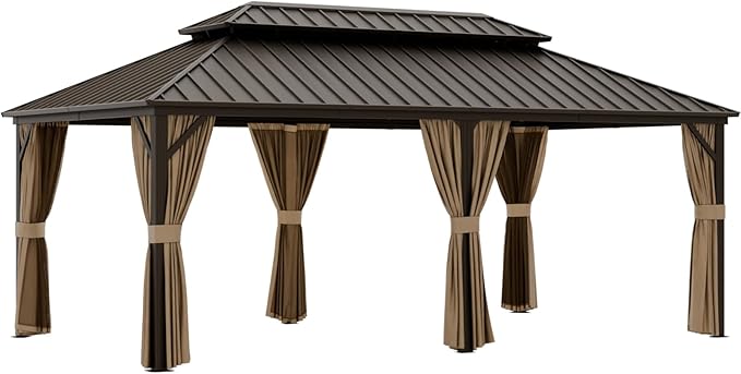 EAGLE PEAK 12x20 Hardtop Gazebo, Galvanized Steel Double Roof with Aluminum Frame, Outdoor Pavilion with Netting and Curtains for Patio, Deck, Lawn and Garden, Dark Brown/Tan