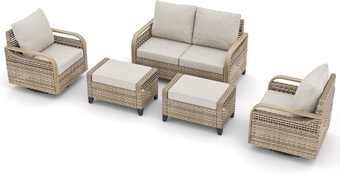 EAGLE PEAK Modern Wicker Outdoor Patio Furniture Set, Patio Conversation Set, 2 Swivel Rocking Chairs, 2-Seat Loveseat and 2 Ottomans, 5 Pieces, Brown/Gray