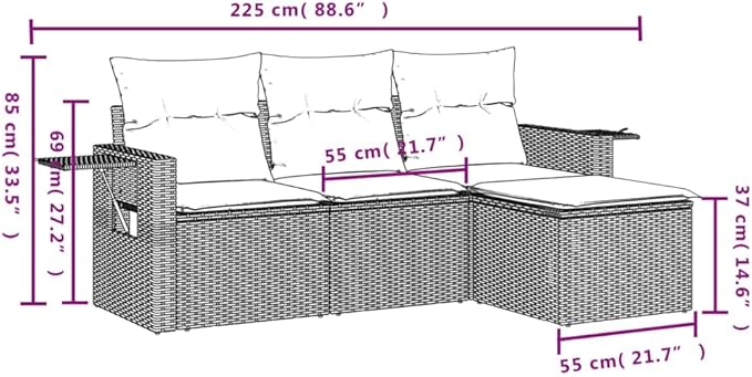 4-Piece Patio Sofa Set Black PE Rattan Outdoor Conversation Set with Removable Cushions, Modular Garden Furniture for Backyard Balcony Porch Includes Foldable Side Table & Storage