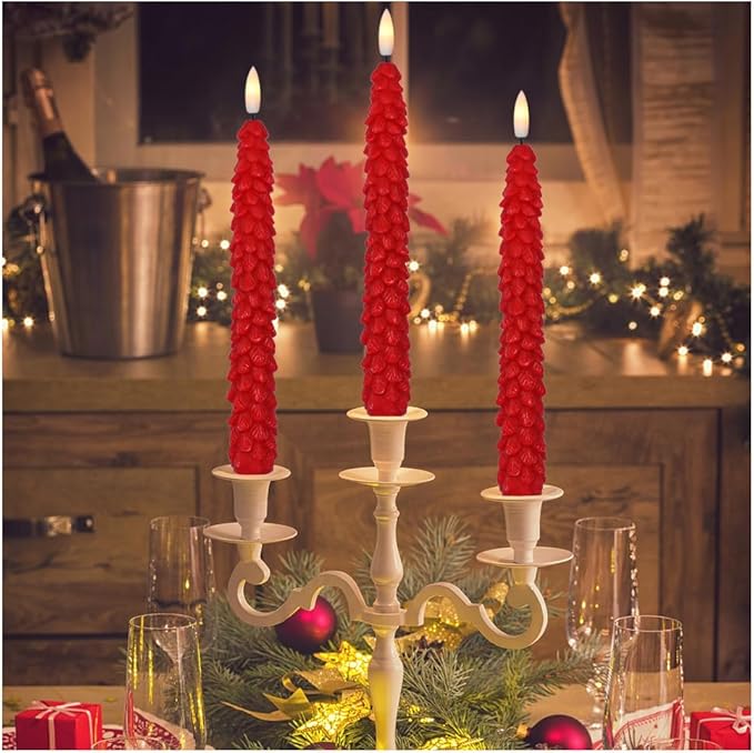 DRomance Christmas Tree Flameless Taper Candles Battery Operated with 10-Key Remote and Cycle Timer 4 Pack Real Wax 3D Wick Flickering LED Candlesticks Holiday Decor(Red, 0.79 x 9.9 Inch)