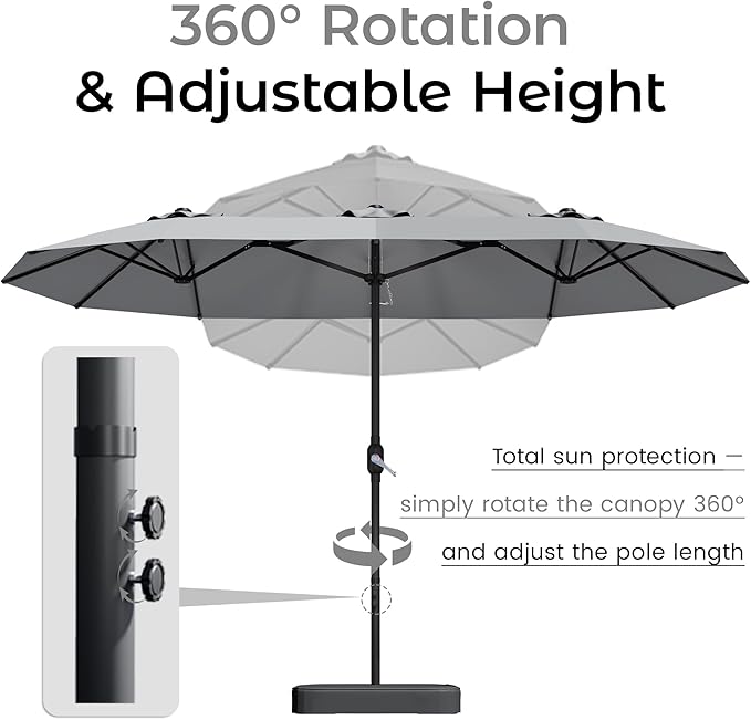 DomeShade 15ft Patio Umbrella with Base,Large Outdoor Double-Sided Rectangle Umbrella with Crank Handle, Market Umbrella for Poolside Garden Deck Backyard Beach Pools, Gray
