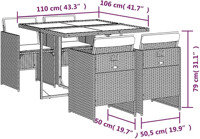 5 Piece Patio Dining Set with Cushions Gray Poly Rattan Outdoor Table and 4 Folding Chairs Tempered Glass Top Weather Resistant for Garden Backyard Deck Entertaining