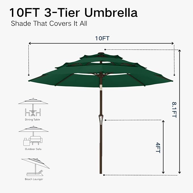 Kingdura 10ft 3-Tier Patio Umbrella, Outdoor Table Umbrella with Easy Crank & Tilt, 8 Reinforced Ribs, UV Protection for Deck, Pool, Market, Backyard (Dark green)