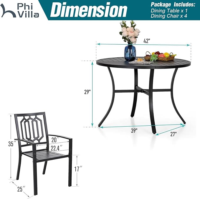 PHI VILLA 5 Pcs Outdoor Dining Set for 4& Round Metal Table | Wrought Iron Circle Table with Umbrella Hole & Stacking Metal Chairs, Modern Furniture Set for Patio, Deck, Backyard, Porch