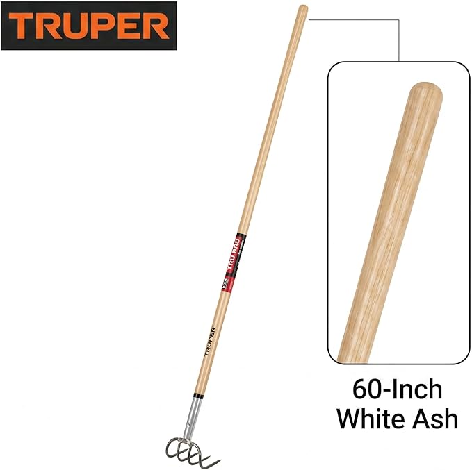 Truper Tru Pro 4-Tine Forged Cultivator, 60-Inch Premium White Ash Wood Handle, 5-Inch Forged Steel Head, Heavy-Duty Garden & Farm Soil Aerating Tool (Model CUL-X / 30033)