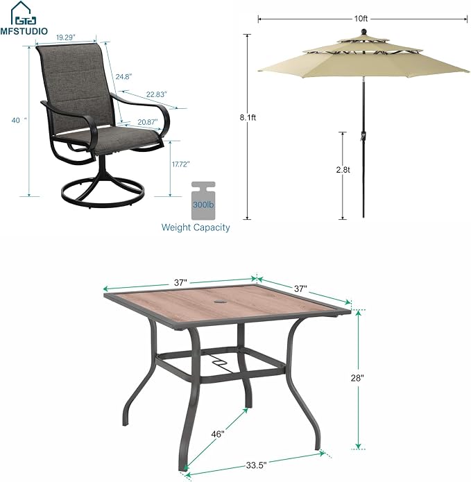 MFSTUDIO Patio Dining Set for 4, Outdoor Furniture Set with Beige Umbrella (Base not Included), Wood-Like Square Table and 4 Swivel Chairs for Patio, Deck, Backyard, Garden