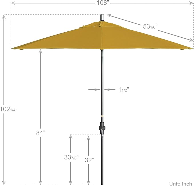 California Umbrella 9' Rd. Crank Lift, Collar Tilt, Aluminum Pole, Fiberglass Rib Patio Umbrella, Hammertone Grey Finish, Sunbrella Sunflower Yellow