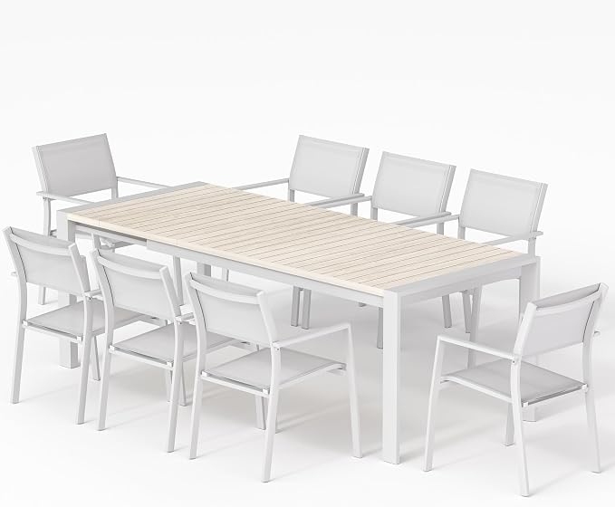 9 Pieces Extendable Patio Dining Set, 6-10 Person Expandable Outdoor Dining Table with Wood Grain Top and 8 Stackable Textilene Dining Chairs, Aluminum Patio Table and Chairs Set for Backyard