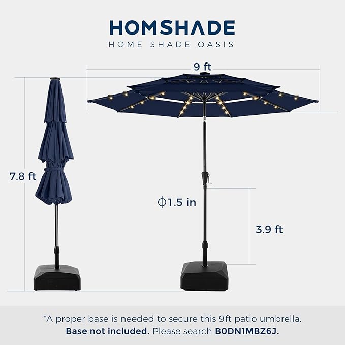 HOMSHADE 9FT 3-Tier Solar Patio Umbrella Heavy Duty,Vented Market Table Umbrella Windproof with 32 LED Lights,UPF50+,5-Year Fade Resistant,8 Thicker Ribs for Pool,Lawn,Garden,Deck (Navy Blue,No Base)