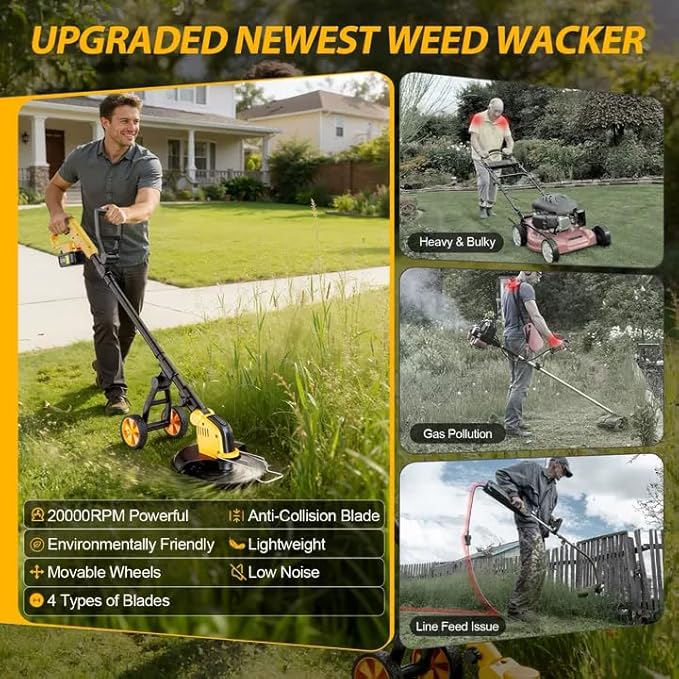 20000RPM Electric Weed Wacker Battery Powered 6000mAh, 800W Brushless Weed Eater with Wheels, 4-in-1 Brush Cutter/String Trimmer/Grass Trimmer/Edger Tool,Stringless Weed Trimmer Metal Blade,2 Battery