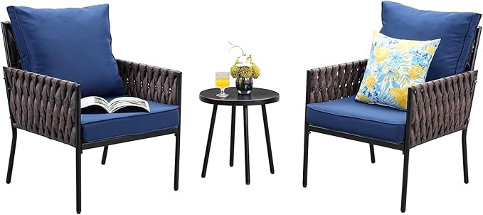 3-Piece Patio Furniture Set, Armchairs with Coffee Table,Modern Wicker Outdoor Conversation Set with Waterproof Thick Cushion for Deck,Backyard,Porch,Navy