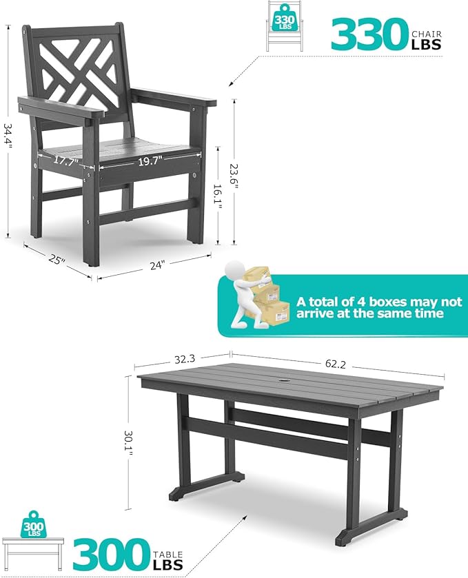 6 Piece HDPE Outdoor Dining Set for 4 Patio Dining Furniture Set with Umberlla Hole, Weather Resistent Outdoor Table and Chairs for Garden, Poolside, Backyard, Deck, Grey