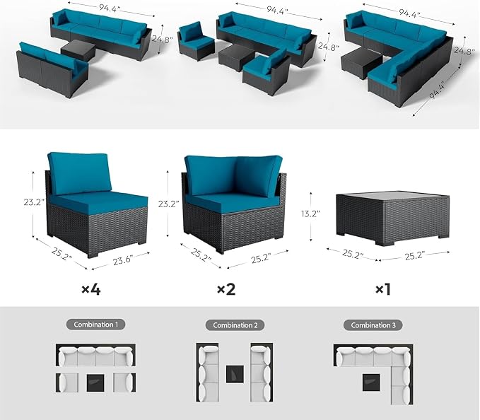 7 Piece Modular Sectional Sofa Peacock Blue Outdoor Patio Furniture Set All Weather Wicker Rattan Patio Conversation Sets for Backyard Garden Poolside Balcony Porch Patio
