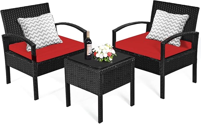 Tangkula 3 PCS Patio Conversation Set, Outdoor Rattan Sofa Set with Seat Cushions & Coffee Table, Patio Wicker Furniture Set for Garden Balcony Backyard Poolside (Red)