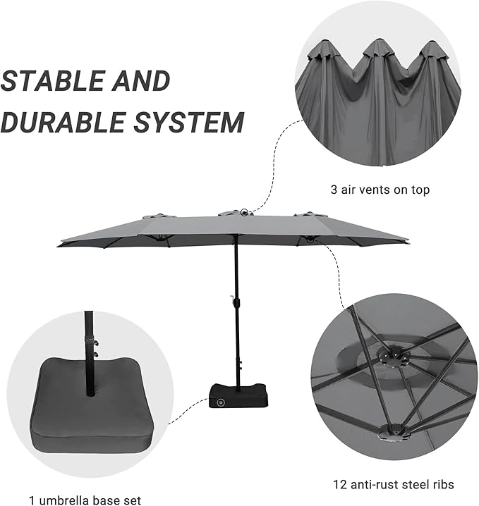 15ft Patio Umbrella with Base, 10-Year-No-Fade Large Outdoor Double-Sided Market Umbrella with UPF50+Terylene Polyester Fabric and Crank for Poolside Garden Deck Backyard Beach Pools