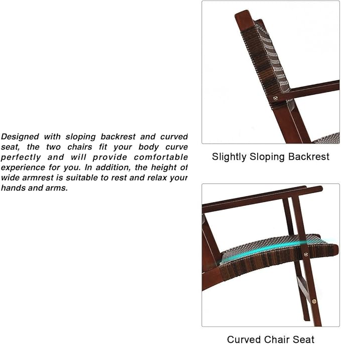 3PCS Outdoor Furniture Set Patio Conversations Set 2 Armchairs with Coffee Table Wide Armrest Tight Hand Woven Rattan Sloping Backrest Curved Chair Seat Perfect for Garden Balcony Poolside Use