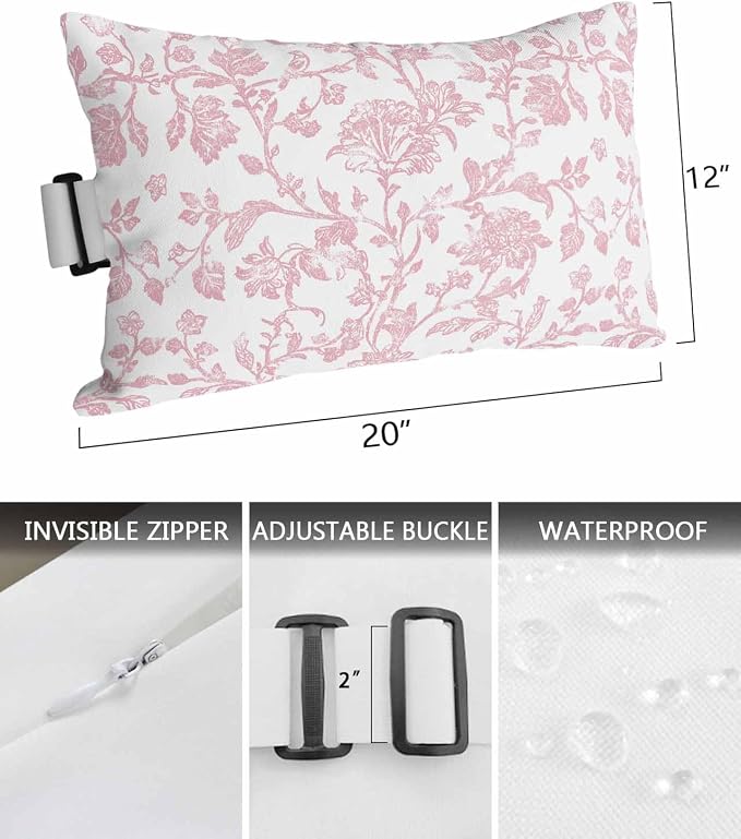 Pack of 4 Outdoor Lumbar Pillow Covers 12x20 Inch, Pink Flower Waterproof Throw Pillow Covers Set, Vintage Farmhouse Boho Leaf Spring Solid Indoor&Outdoor Cushion Cases for Patio Porch Beach