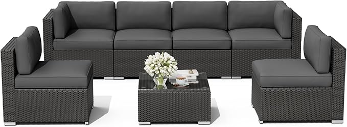 Oakcloud 7-Piece Outdoor Black Rattan Wicker Sectional Conversation Sets Patio Furniture Sofa Set with Cushions and Glass Top Table(Grey)