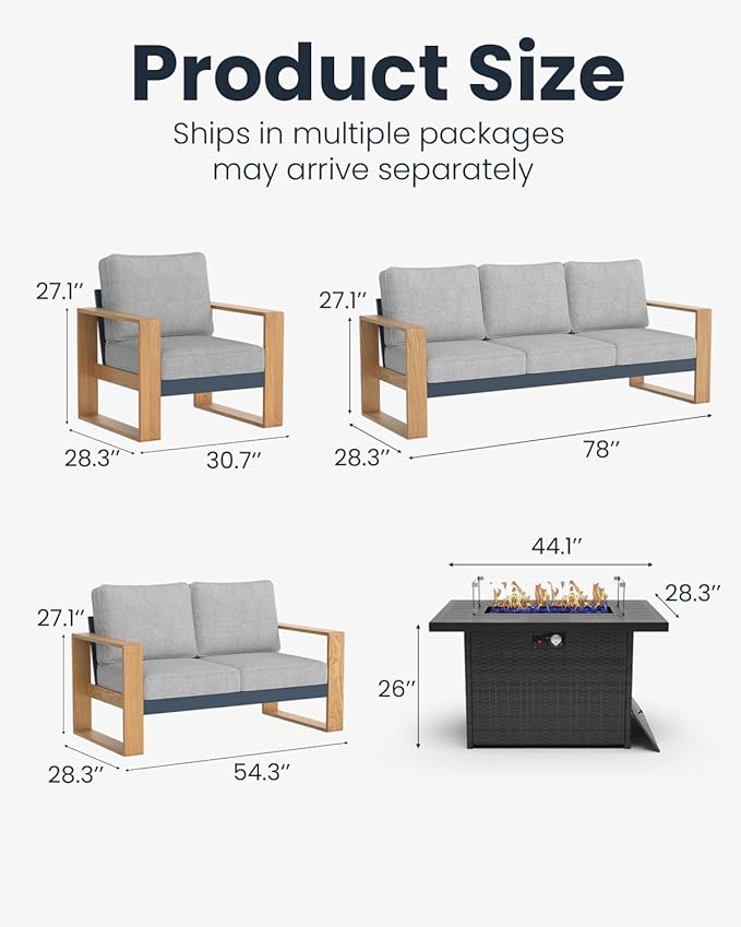 Oversized Aluminum Outdoor Patio Furniture Set, 5-Piece Modern Sectional Conversation Sets with Fire Pit Table, Wide Seat and Thick Cushions