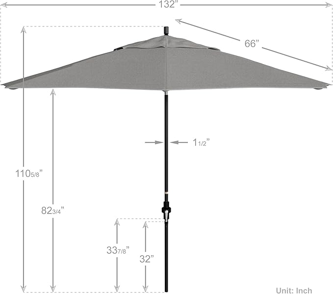 California Umbrella 11Ft Premium Sunbrella Patio Umbrella, Hand-Crank, Tilt-Collar, Black Frame, Granite Fabric