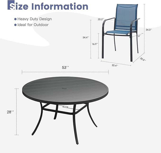 VICLLAX Round Outdoor Dining Set, Patio Table and Chairs Set Set of 8 Patio Stackable Chairs and 53" Outdoor Round Table with Umbrella Hole for Backyard Lawn Garden, Blue Chairs and Black Table