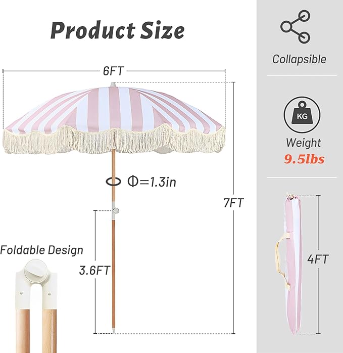 6ft Portable Beach Umbrellas For Sand Pink Striped Boho Fringe Umbrella Outdoor Patio Umbrella Tilt UV Protection Waterproof Pool Umbrella with Storage Bag Backyard Umbrellas For Patios Outside