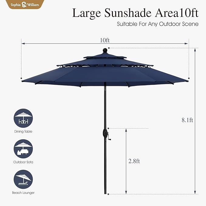Sophia & William 10ft 3 Tier Auto-tilt Patio Umbrella,Wind Resistent,Outdoor Patio Umbrellas Double Vented Umbrella with Crank for Pool Garden Backyard, Navy
