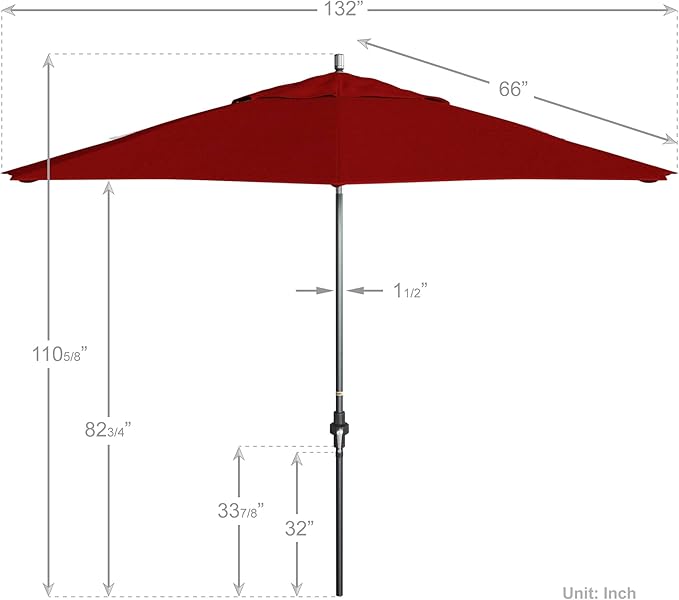 California Umbrella 11Ft Fiberglass Rib Patio Umbrella, Hand-Crank, Tilt-Collar, Gray Frame, Solution Dyed Red Fabric
